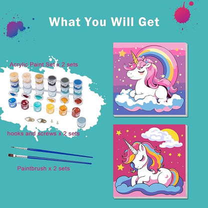 2 Pack Paint by Numbers Kit for Kids - Age 4-8, Framed Canvas, Cartoon Drawing, Color by Number, 8x8 Inch