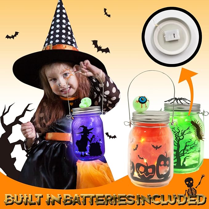 Shemira Halloween Craft Kit for Kids, 4 pcs Glass Mason Jar with Accessories for DIY Lantern Jar, Halloween Art & Craft Party Supplies, Halloween Art Activities,Halloween Craft and Art Party Supplies