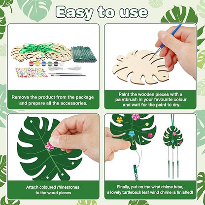 Fennoral 9 Pack Tropical Wind Chime Kit for Kids Make You Own Monstera Leaf Wind Chimes Ornaments DIY Coloring Wooden Art and Craft for Summer Art Activities Aloha Hawaii Tropical Party Decorations
