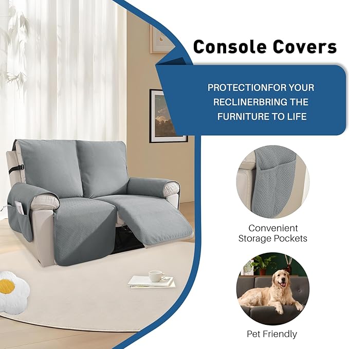 Easehomey Water Resistant Loveseat Recliner Cover Non Slip Sofa Cover for Reclining Sofa 2 Seat, Recliner Couch Cover Furniture Protector for Kids Pets with Elastic Band Pocket (Light Grey, 2 Seater)