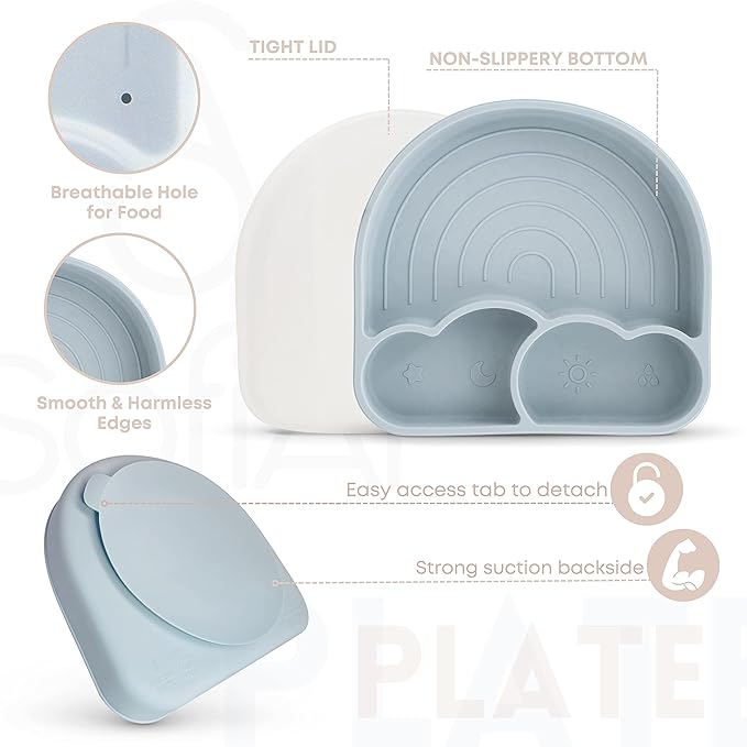 All In One Silicone Baby Feeding Set By SofiAl - Safe for 6-12 Months - Non-Toxic Baby Led Weaning Supplies - Toddler Self Feeding Utensils - BPA-Free - Mess Free Baby Feeding Essentials