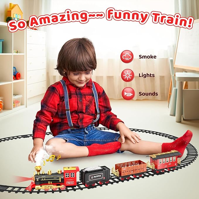 Hot Bee Train Set - Train Toys for Boys with Smokes, Lights and Sound, Toy Train Set for Under Christmas Tree, Toddler Model Trains for 3 4 5 6 7 8+ Years Old Kids Christmas Toys Gifts