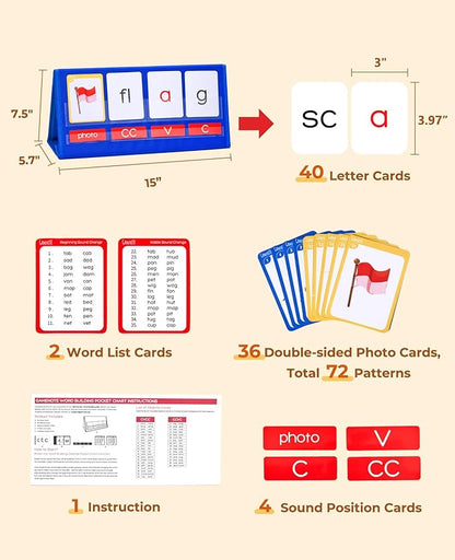 Gamenote Word Building Desktop Pocket Chart - CVCC & CCVC Word Phonics Game，Sight Words Flash Cards Kindergarten Classroom Must Haves，Blending Board for Kids Learning Reading and Spelling