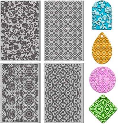 4PCS Polymer Clay Texture Sheets Set for Using with Clay Cutters, Vintage Clay Texture Mats, Pottery Jewelry Making Kit DIY Creative Crafts Tools