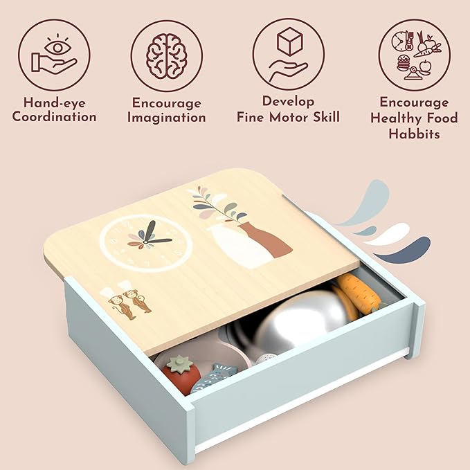 SPEEDY MONKEY Table-Set Kitchen with 8 Accessories, Portable Wooden Kitchen Toy with Stovetop, Spatula, Pan & More, Encourages Creative Play, Ideal for Kids to Cook, Serve and Clean Up