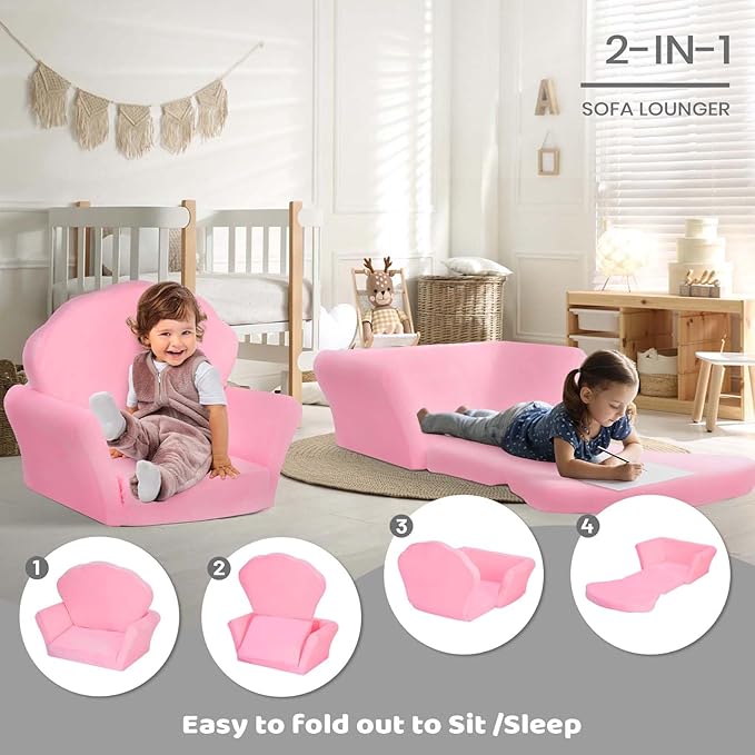 COSYLAND Kids Sofa for Toddler, 2-in-1 Folding and Expandable Soft Chair Bed Toddlers,Convertible Sofa to Lounger Sleeper Chair Bed for Girls and Boys,Pink