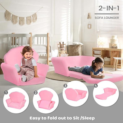 COSYLAND Kids Sofa for Toddler, 2-in-1 Folding and Expandable Soft Chair Bed Toddlers,Convertible Sofa to Lounger Sleeper Chair Bed for Girls and Boys,Pink