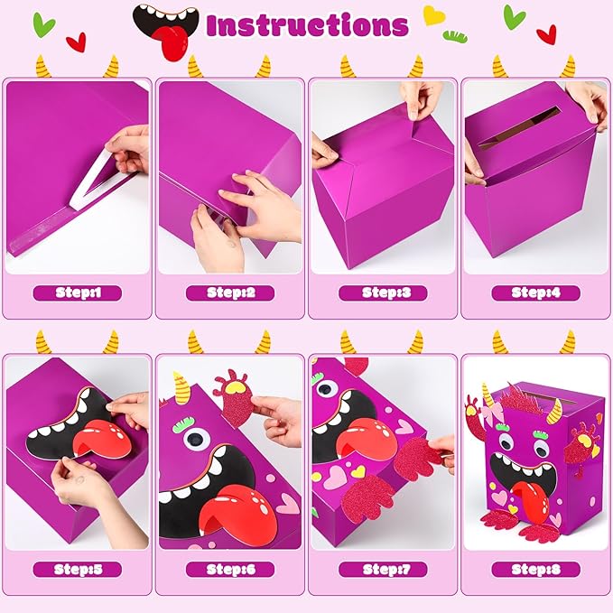 Pasimy DIY Valentines Monster Mailbox with 30 Greeting Cards, Monster Mailbox for Valentine's Day Exchange Gifts Party Favor Sets