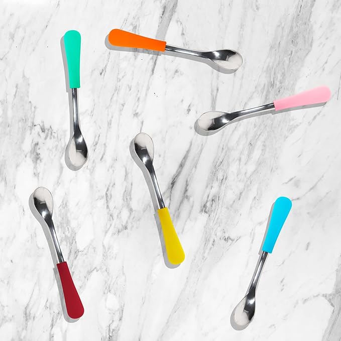 Avanchy Infant Baby Spoons Stainless Steel and Silicone Set, Self Feeding Food Utensils, 4 Months Baby Led Weaning, 2 Pack, Yellow