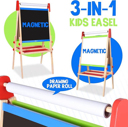 Joyooss Easel for Kids Easel, Wooden Easel Whiteboard & Chalkboard Easel, Foldable Height Adjustable Double Sided Toddler Art Easel Kids, Art Easel for Kids Age 4-8 9-12 Magnetic Board for Kids Easel
