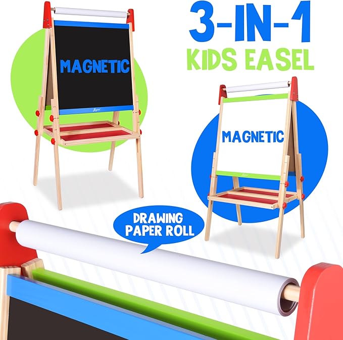 Joyooss Easel for Kids Easel, Wooden Easel Whiteboard & Chalkboard Easel, Foldable Height Adjustable Double Sided Toddler Art Easel Kids, Art Easel for Kids Age 4-8 9-12 Magnetic Board for Kids Easel