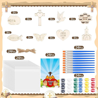Saypacck 240pcs/24sets Jesus Wood God Says You are Sunflower Craft Kit Christian Wooden Painting DIY Kits for Sunday Vbs Religious for Church Home Activities