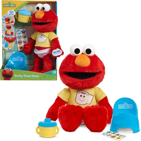 Just Play Sesame Street Potty Time Elmo 12-Inch Sustainable Plush Stuffed Animal, Sounds and Phrases, Potty Training Tool, Kids Toys for Ages 18 Month