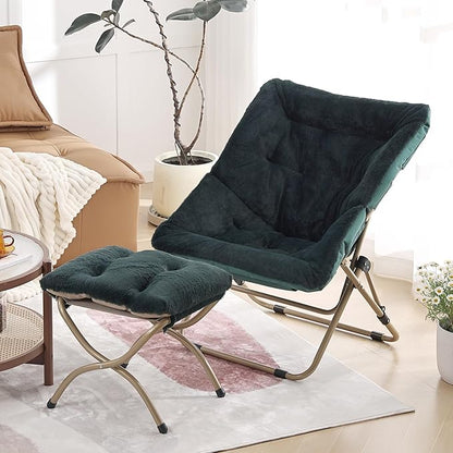 Comfy Saucer Chair with Ottoman, Oversized Folding Faux Fur Chair Soft Furry Lounge Lazy Chair with Metal Frame Moon Chair Accent Chair for Bedroom, Living Room, Dorm Rooms