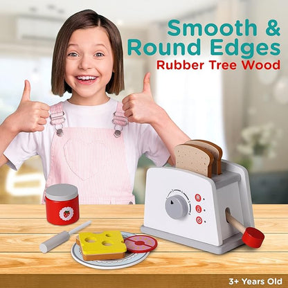 Play Brainy Pop Up Kid’s Toaster Toy with Kitchen Accessories, 8 Pc. Set, Interactive Early Learning Wood Playset with Wooden Bread, Plate, and Utensil, Girls and Boys 3+