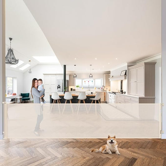 120 Inch Retractable Baby Gates Extra Wide Baby Gate Retractable Dog Gates for The House Extra Wide Dog Gate Extra Long Baby Gates for Large Opening Extra Large Pet Gate Child Gate for Doorway (Beige)