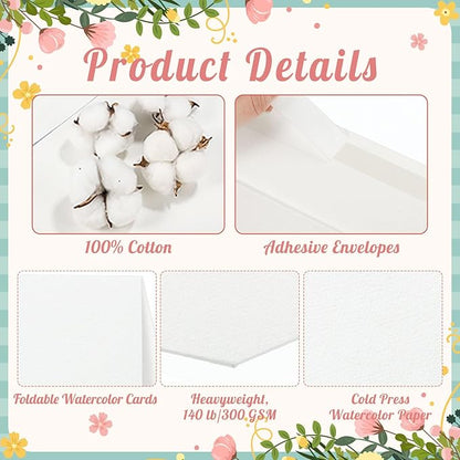 60 Sets Watercolor Cards with Envelopes, 140 lb/300 GSM Watercolor Paper Cards, 5x7 Inch Foldable Blank Watercolor Postcards and Envelopes for Greeting Cards, Wedding Invitations, Thank You Cards