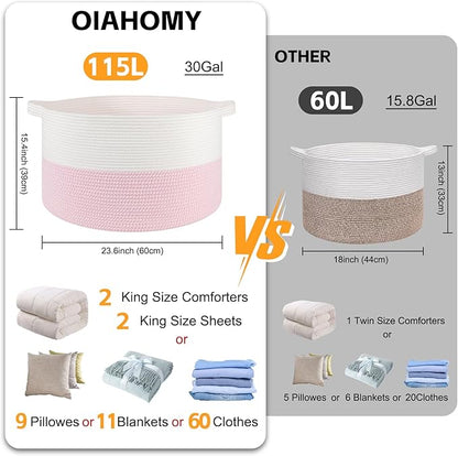 OIAHOMY 115L Extra Large Blanket Basket, 23.6" x 15.4" Woven Cotton Rope Laundry Basket for Organizing Pillows, Decorative Stuffed Animal Toy Storage Bin for Nursery, White and Pink