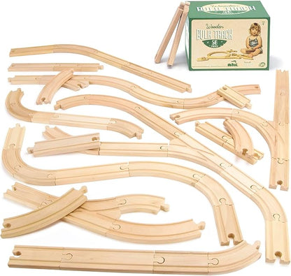 Conductor Carl 56-Piece Bulk Value Wooden Train Track Pack - Compatible with All Major Toy Train Brands