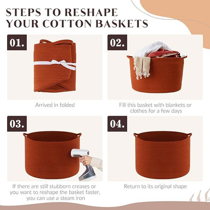 XXL Large Cotton Rope Basket - Maliton Large Storage for Blankets, Towels, Pillows - Round Toy Basket - Woven Laundry Hamper with Handles - 22" x 22" x 14" Nursery Hamper Bin, Burnt Orange