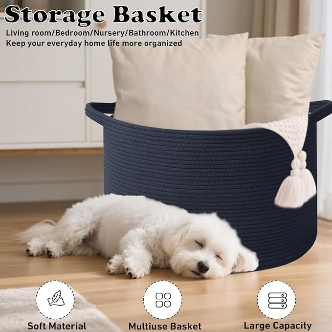 65L Extra Large Woven Cotton Rope Blanket Basket with Handles, Laundry Hamper Storage Bin for Pillows, Comforters,Clothes, Toys, Nursery, Bedroom and Living Room Organization,Dark Blue