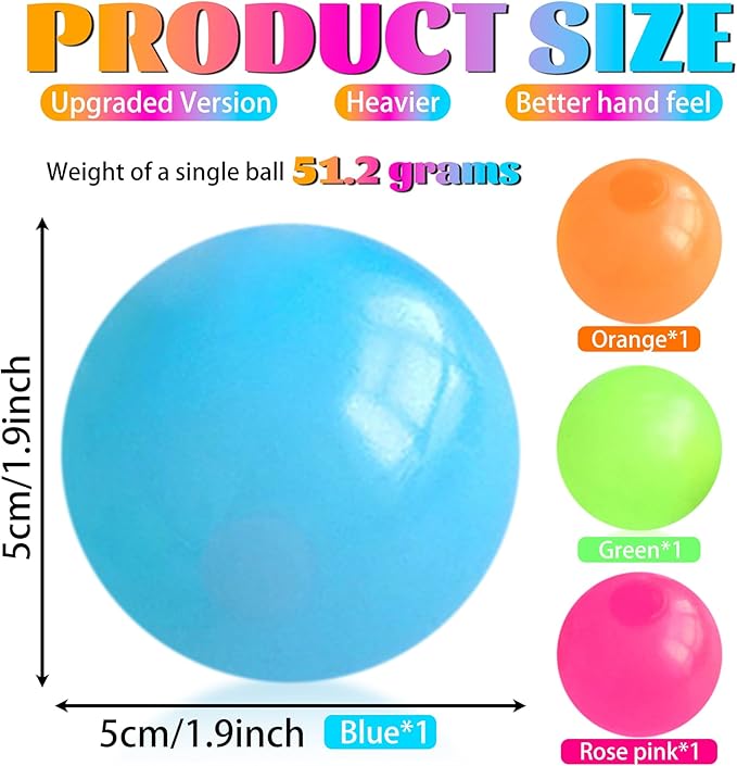 4Pcs Glow in The Dark Sensory Balls, Upgraded Glowing Sticky Balls Stick to The Ceiling, Stress Relief Sensory Ball Toys for Adults & Kids, Stocking Stuffers, Asmr Cool Stuff & Party Favors