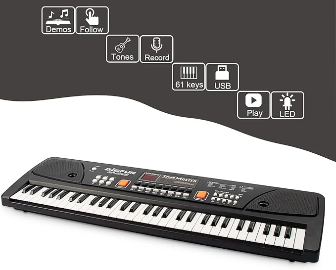 LeeQee Digital Keyboard Piano for Kids & Beginners, 61 Keys Multifunction Electric Piano Keyboard with Microphone, Educational Instrument Musical Toy for 3-12 Years Old Boys Girls (Black)