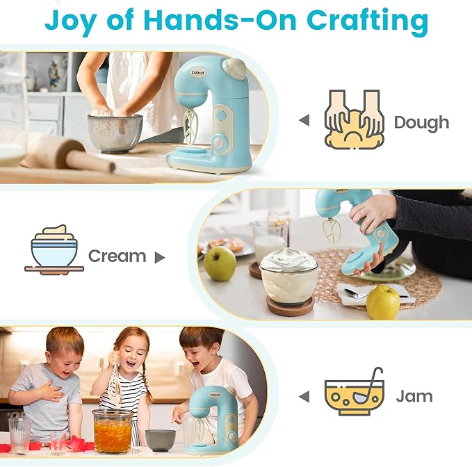ROBUD Toy Blender, Toy Mixer with Bowl, Flour and Suger, Kids Play Kitchen Accessories, Pretend Play Kitchen Appliance for Kids with Realistic Light and Sound, Boys & Girls Toys Ages 3+