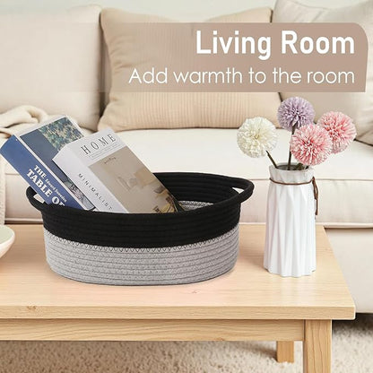 JMvicyroam Woven Basket,Small Rope Storage Bin with Handles & Ribbon Bag, Organizer for Shelves Closets,Gift Basket Empty for Birthday,Books,Dog Toys, Black&Grey