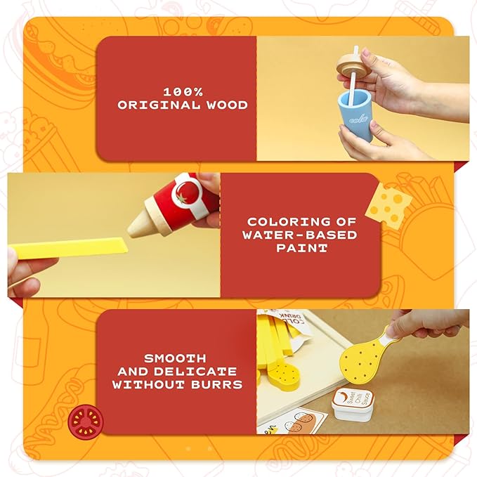 Wooden Play Food Set for Kids, Pretend Fast Food Playset, Wooden Hamburger French Fries Toy, Play Kitchen Accessories for Toddlers with Car Toy, Educational Toys Gift for Boys Girls