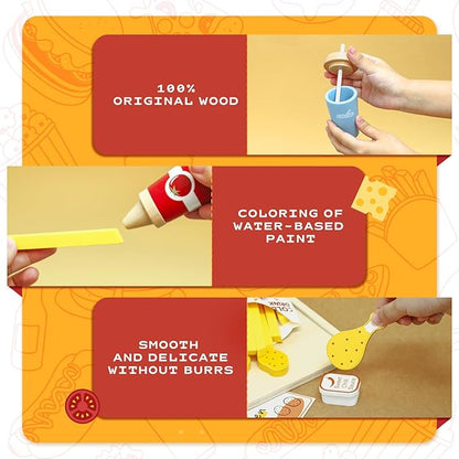Wooden Play Food Set for Kids, Pretend Fast Food Playset, Wooden Hamburger French Fries Toy, Play Kitchen Accessories for Toddlers with Car Toy, Educational Toys Gift for Boys Girls