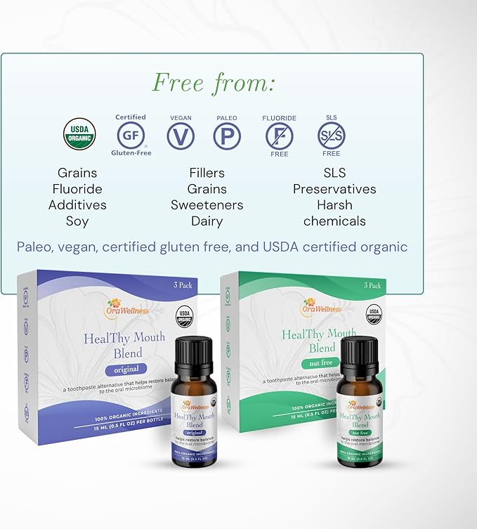 OraWellness Healthy Mouth Blend Organic Toothpaste & Mouthwash Alternative Tooth Oil, Natural Mouth Rinse for Healthy Teeth & Gums for Women, Men and Kids, Pack of 3