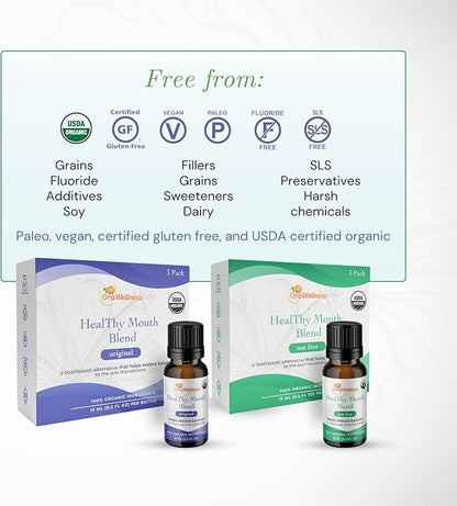 OraWellness Healthy Mouth Blend Organic Toothpaste & Mouthwash Alternative Tooth Oil, Natural Mouth Rinse for Healthy Teeth & Gums for Women, Men and Kids, Pack of 3