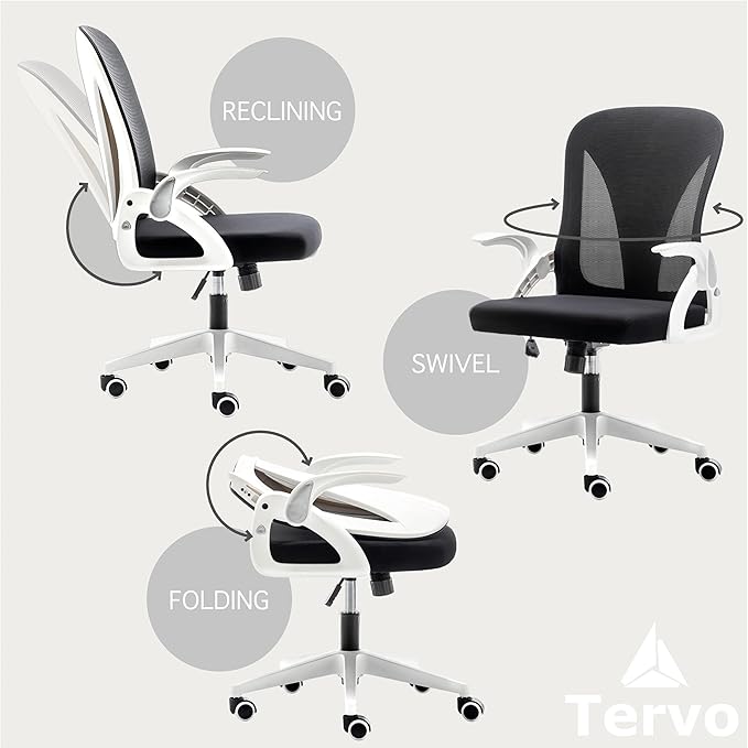 Tervo Model S | Folding Office Chair for Small Spaces | Gaming Chair for Adults & Kids | Ergonomic Mesh Computer Chair for Bedroom | Desk Chair for Home Work | (White & Black)