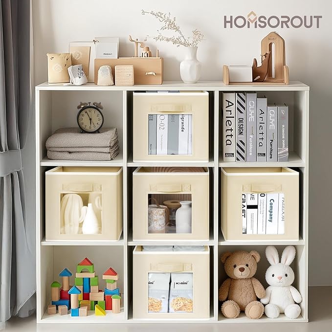Homsorout Foldable Storage Cubes - Cubby Storage Organizer with Window, Decorative Baskets for Organizing, Fabric Bins for Clothes Storage, Closet Storage Cubes-11inch, Set of 12, Beige