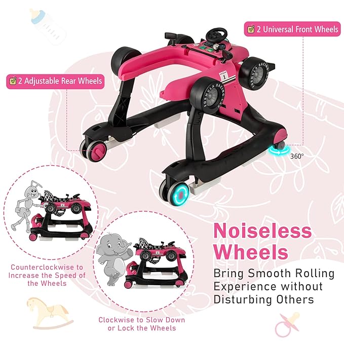 BABY JOY 4-in-1 Baby Walker, Foldable Activity Walker with Adjustable Height & Speed, Music, Lights, Anti-Rollover, Toddler Push Walker, Baby Walker with Wheels for Boys Girls 6-18 Months (Pink)