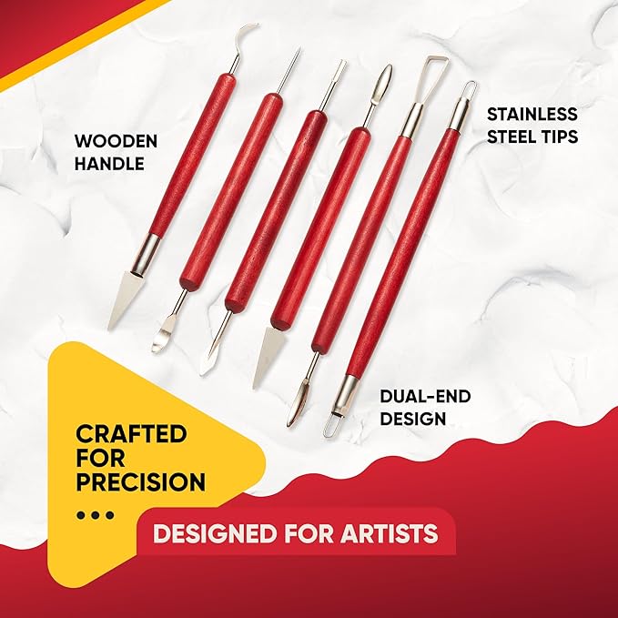 6 Pcs Clay Sculpting Tools for Air Dry & Polymer Clay, 6pc Pottery Tools Set for Modeling Clay, Ceramics & Wax Carving, Stainless Steel Double Ended Kit for Sculpting, Shaping & Pottery Art