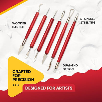 6 Pcs Clay Sculpting Tools for Air Dry & Polymer Clay, 6pc Pottery Tools Set for Modeling Clay, Ceramics & Wax Carving, Stainless Steel Double Ended Kit for Sculpting, Shaping & Pottery Art