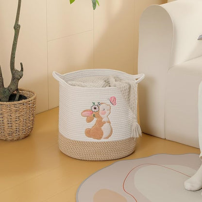 INough Toy Storage Baskets Woven Cotton Rope Storage Basket for Kids, Blanket Baskets for Living Room Stuffed Animal Storage Toys Organizer with Embroidery Decor, Cute Baskets for Nursery (Bunny)