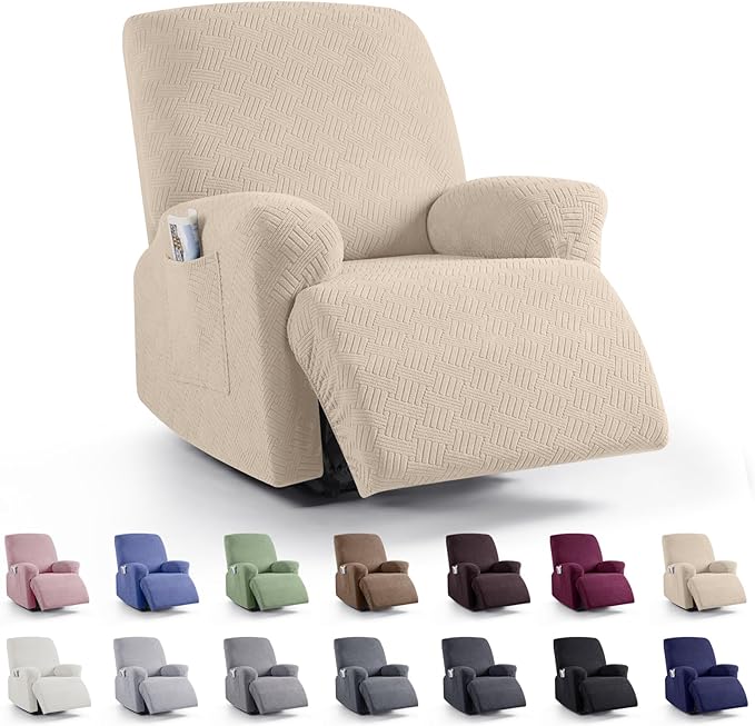 KinCam Recliner Covers, Stretch Reclining Chair Covers, Recliner Sofa Slipcovers Stripe Jacquard Recliner Couch Covers Furniture Protector Covers for Pet Kid (1 Seater, Vanilla)