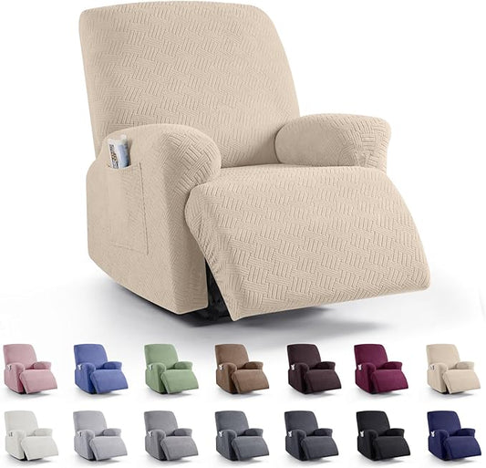 KinCam Recliner Covers, Stretch Reclining Chair Covers, Recliner Sofa Slipcovers Stripe Jacquard Recliner Couch Covers Furniture Protector Covers for Pet Kid (1 Seater, Vanilla)