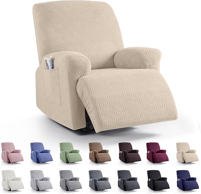KinCam Recliner Covers, Stretch Reclining Chair Covers, Recliner Sofa Slipcovers Stripe Jacquard Recliner Couch Covers Furniture Protector Covers for Pet Kid (1 Seater, Vanilla)