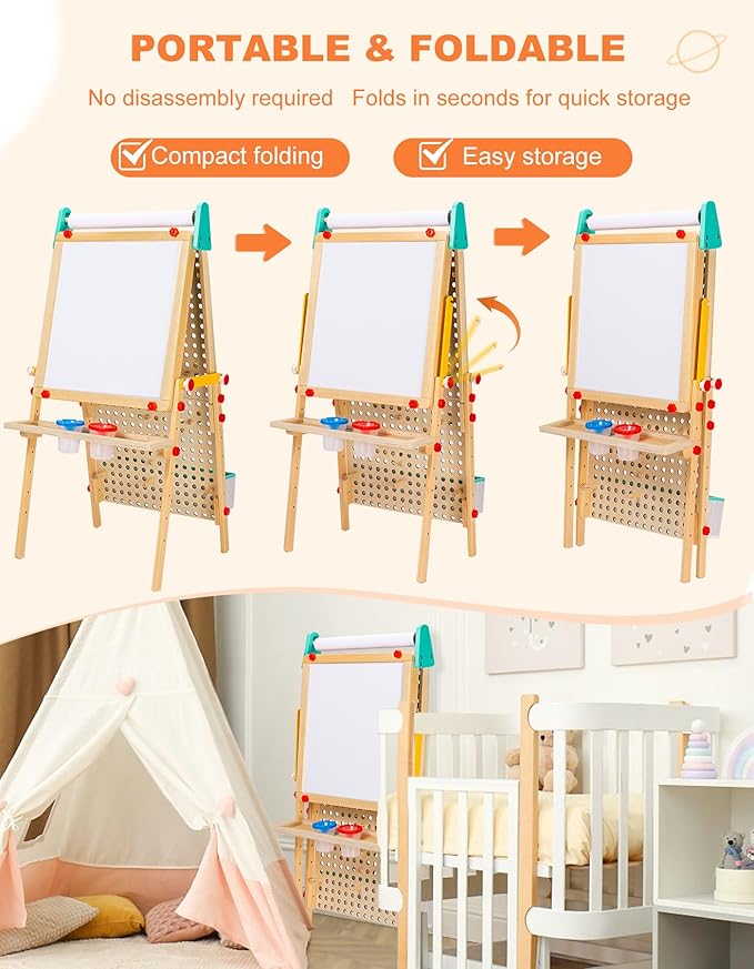 Kids Easel Wooden Marble Run for Kids, 4-in-1 Toddler Art Easel for Kids 3+ Painting Station Stand Drawing, Double-Sided 6 Heights Black Chalkboard Magnetic Whiteboard Paper Roll Holder