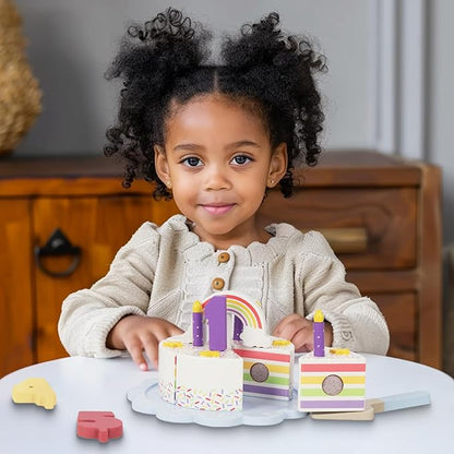 Pretend Play Food for Toddlers 1-3,Wooden Birthday Fake Cake with Candles and Numbers,Tea Party Learning Kitchen Gift Toys for Boys Girls (Rainbow Cake)