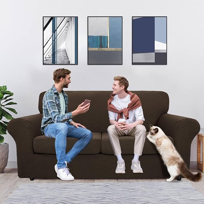 MAXIJIN 3 Piece Stretch Couch Covers for 2 Cushion Couch Sofa Slipcovers with 2 Extra Large Seat Cushion Couch Jacquard Loveseat Sofa Couch Cover for Dogs (2 Cushion Sofa, Dark Coffee)