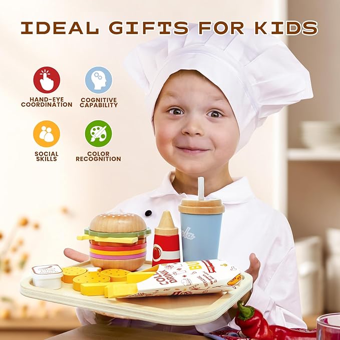 Wooden Play Food Set for Kids, Pretend Fast Food Playset, Wooden Hamburger French Fries Toy, Play Kitchen Accessories for Toddlers with Car Toy, Educational Toys Gift for Boys Girls
