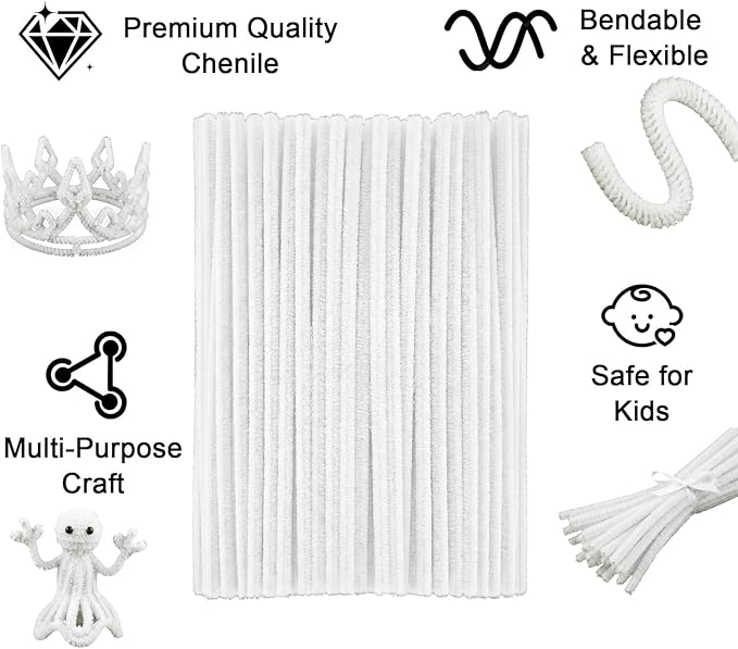 White Pipe Cleaners Craft,100pcs Craft Supplies Chenille Stems Arts & Crafts for DIY Valentines Day Decorations,Flowers Making Pipe Cleaners White Bulk Gifts for Her Room Decor,Art Supplies for Kids