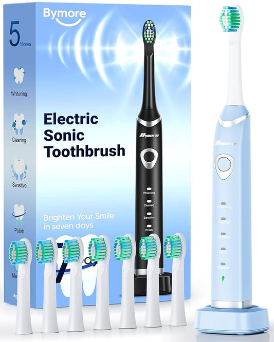 Bymore Electric Toothbrush for Adults,Travel Sonic Toothbrush with 8 Replacement Heads, Ultra Clean Rechargeable Toothbrush Portable One Charge for 330days 5 Modes 2mins Timer-Sky Blue