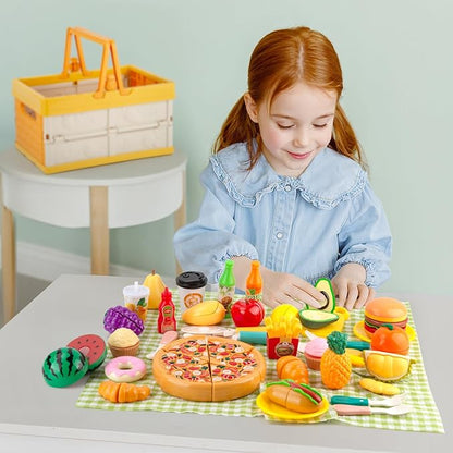 Play Food Sets for Kids Kitchen, Picnic Basket Toy Food Cutting Set with Cutlery and Blanket, Toddler Play Kitchen Accessories with Fruits, Juice, Fake Food with Pizza Toys for Boys Girls
