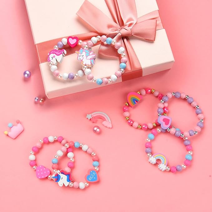 12 Pcs Kids Bracelets for Toddlers Girls - Unicorn Party Favors Pinata Stuffers Birthday Goodies Bag Stuffers Fillers, Cute Wooden Beaded Bracelets Rainbow Heart Pendants Play Jewelry Gifts